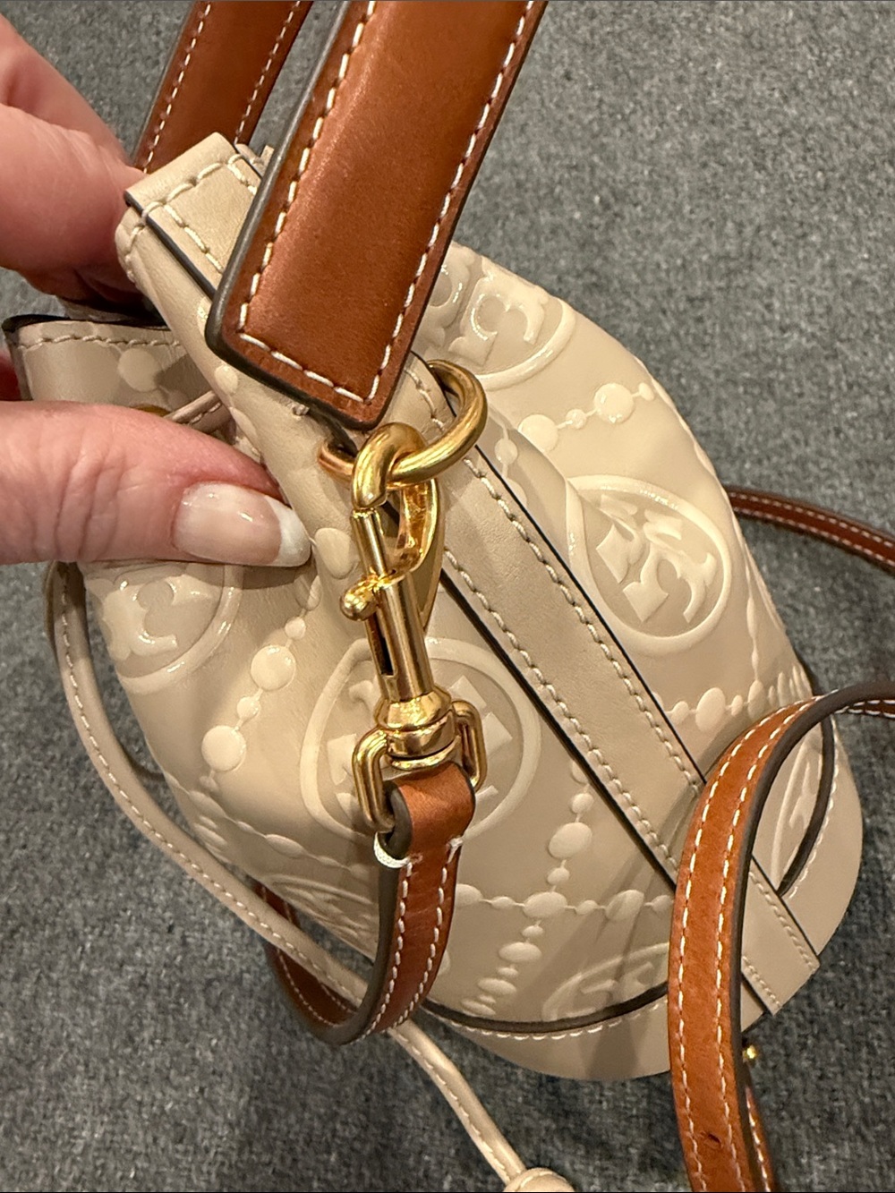 Tory Burch Beige Embossed Monogram Mini Bucket Bag - Picture 6 of 11